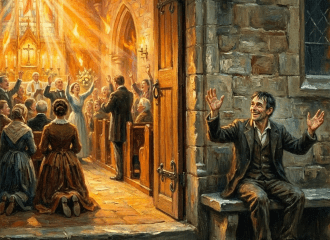 People praying in a warm church while a man sits alone outside in the rain.
