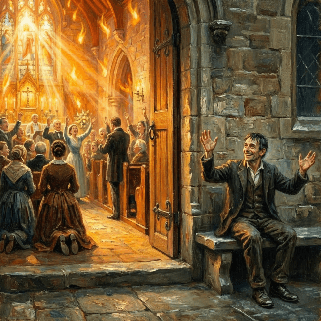 People praying in a warm church while a man sits alone outside in the rain.