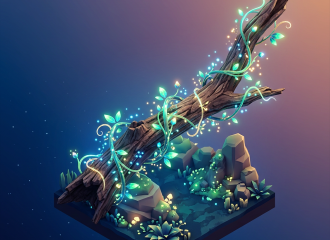 A fallen log entwined with glowing, luminescent vines and leaves over a small forest patch
