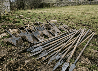 Old metal spearheads and plow blades laid out on grass with stone walls and houses in the background