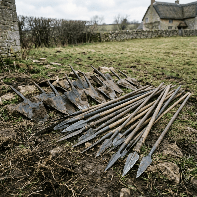 Old metal spearheads and plow blades laid out on grass with stone walls and houses in the background