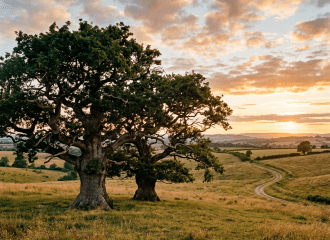 Two mature oak trees in a grassy rural landscape with a winding dirt path under a colorful sunset sky