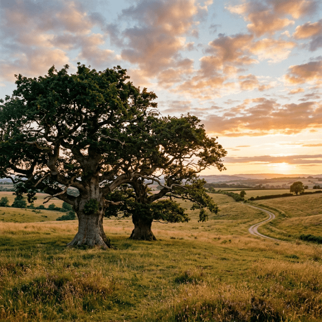 Two mature oak trees in a grassy rural landscape with a winding dirt path under a colorful sunset sky