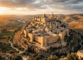 Ancient fortified hilltop city with stone walls and domed roofs at sunset