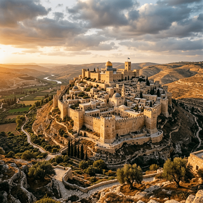 Ancient fortified hilltop city with stone walls and domed roofs at sunset