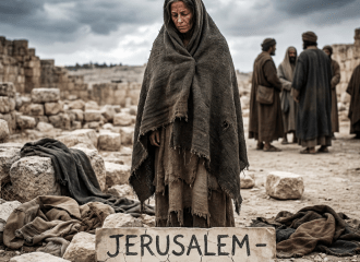 Woman in worn, tattered clothing standing solemnly behind a sign that reads Jerusalem Day of Reckoning