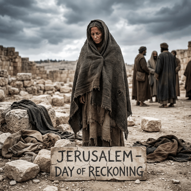 Woman in worn, tattered clothing standing solemnly behind a sign that reads Jerusalem Day of Reckoning
