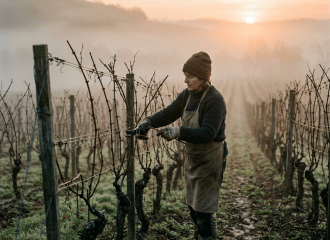 Person wearing gloves and a hat pruning vines in a foggy vineyard at sunrise