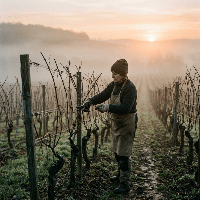 Person wearing gloves and a hat pruning vines in a foggy vineyard at sunrise