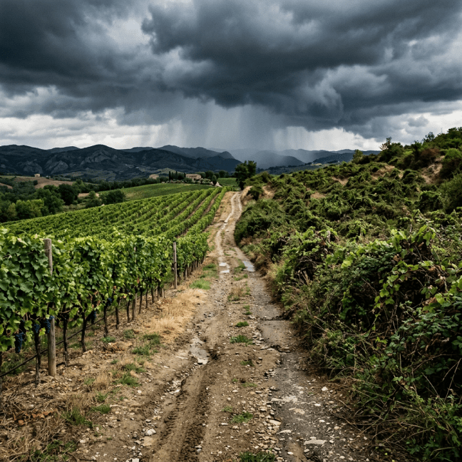 Rain showers over vineyard with grapevines and dirt path under dark stormy clouds