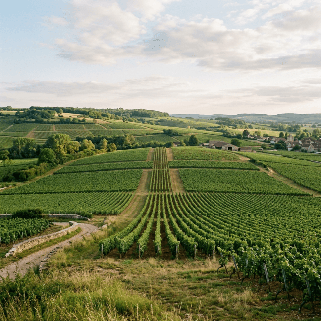 Vineyard rows on rolling green hills with a village and farm buildings in the distance
