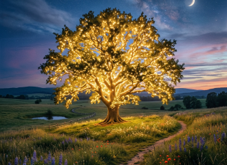 A large tree glowing with warm golden lights in a meadow at twilight with a crescent moon and starry sky