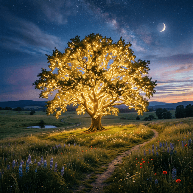A large tree glowing with warm golden lights in a meadow at twilight with a crescent moon and starry sky