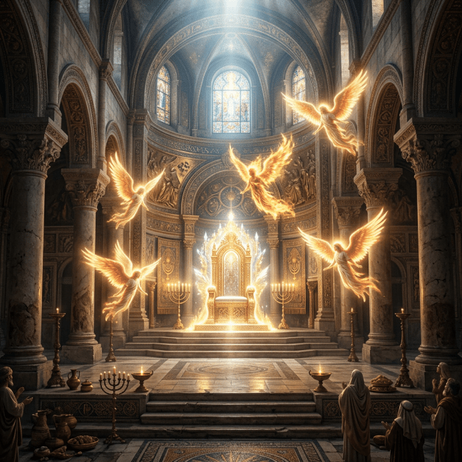 Glowing angels flying around a golden throne inside an ornate cathedral