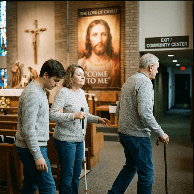 Woman with white cane being guided by two people in a church aisle