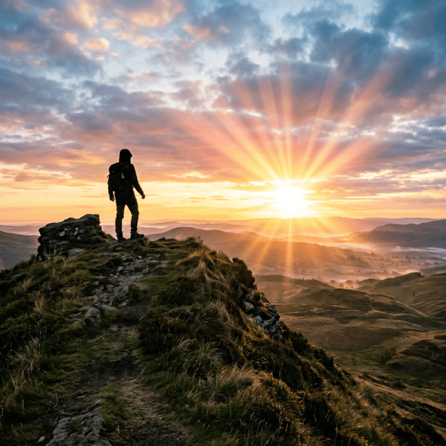 Silhouette of a hiker standing on a grassy hilltop facing a bright sunrise with sun rays spreading across the sky.
