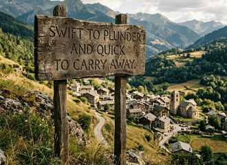 Wooden sign reading 'Ancient Pathways to Oldwood Village' overlooking a mountain village