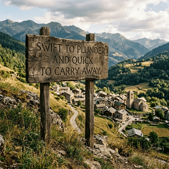 Wooden sign reading 'Ancient Pathways to Oldwood Village' overlooking a mountain village