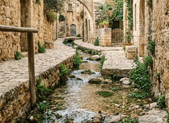 Narrow village street with stone buildings and a stream flowing through center