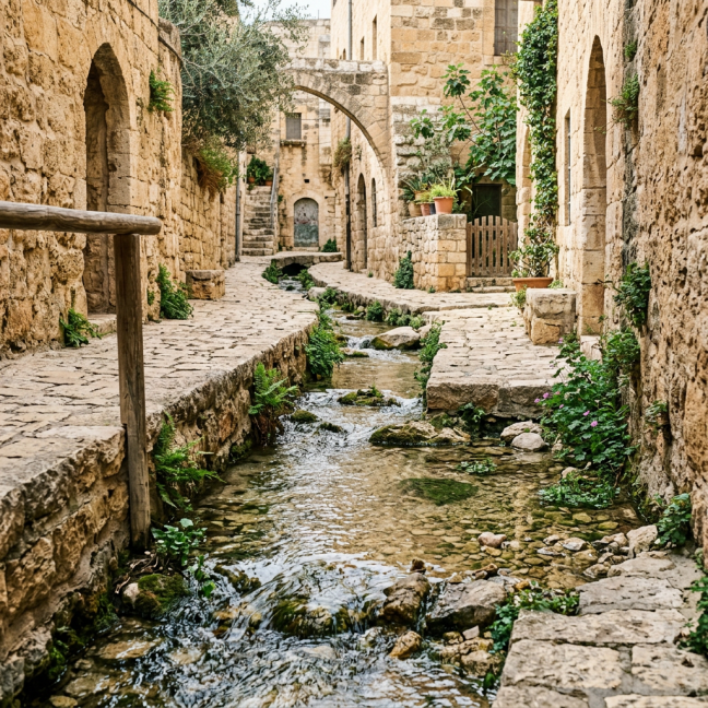 Narrow village street with stone buildings and a stream flowing through center