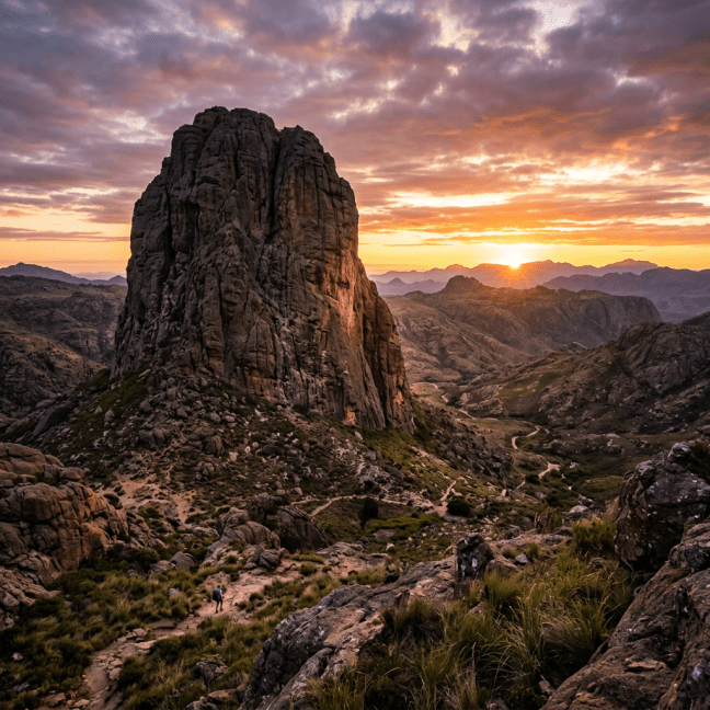 Hiker on a rocky trail near a large monolithic rock formation with a colorful sunset sky