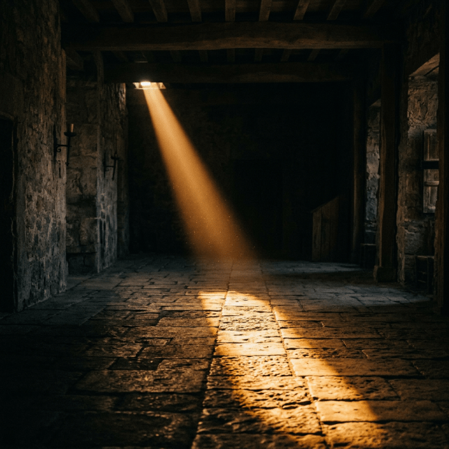 Golden sunbeam streaming through a ceiling opening onto old stone floor in a dim room