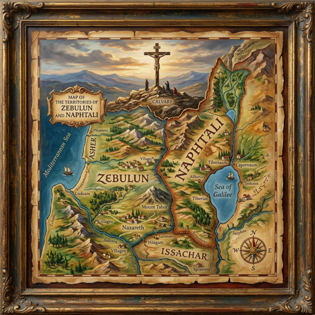 Map of Zebulun and Naphtali territories featuring Mount Calvary and surrounding biblical locations