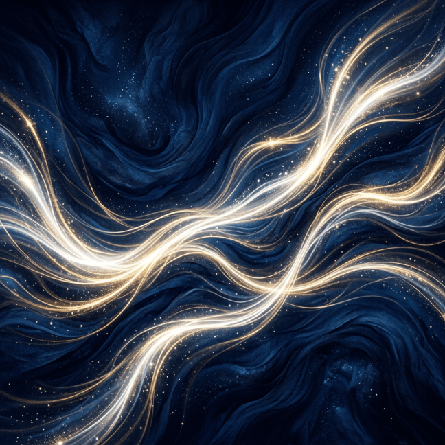 Golden and white flowing light streaks over dark blue textured background
