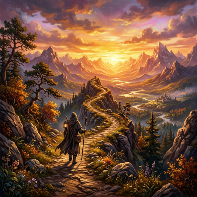 Cloaked traveler walking a rocky path through mountains at sunset with a castle in the valley