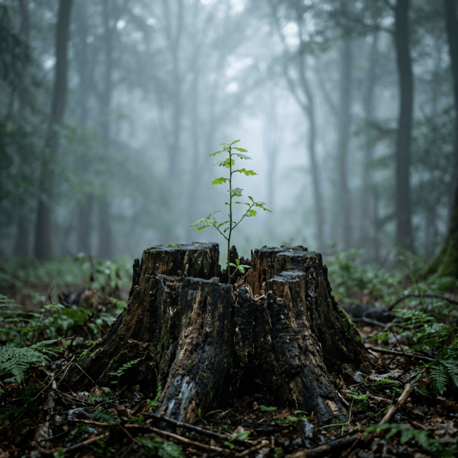 Small green plant sprouting from the center of a decayed tree stump in a foggy forest