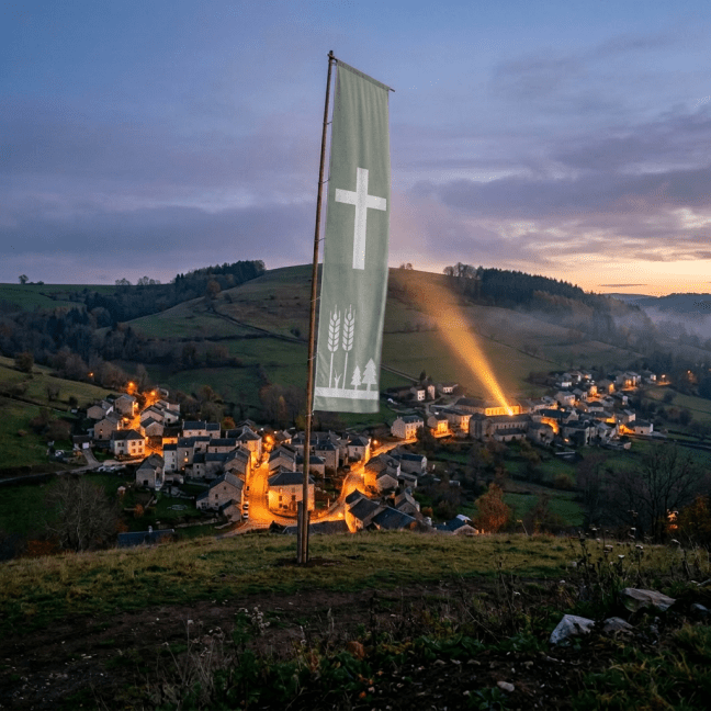 Banner reading 'Harvest Festival Welcome' with a village lit up at dusk in the background
