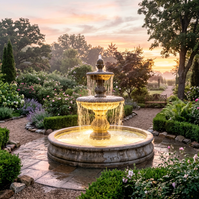 Stone tiered fountain with water flowing, surrounded by lush garden and flowers at sunrise