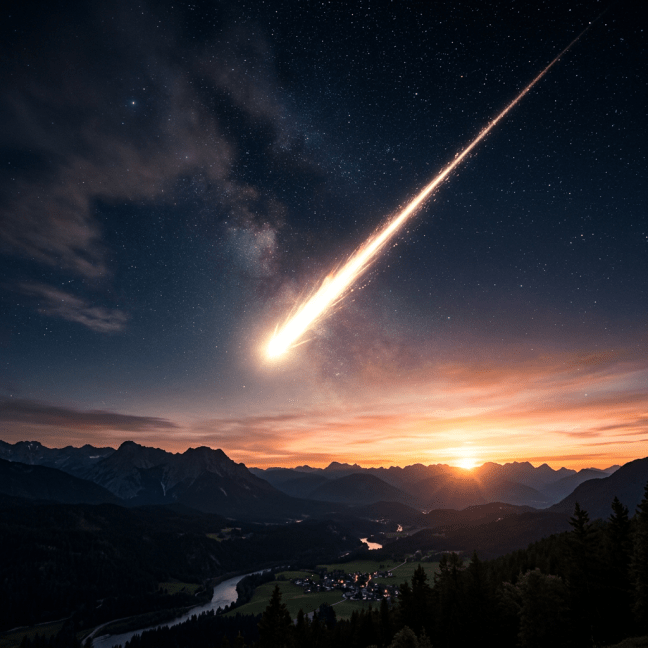 Bright meteor streaking across night sky over mountain valley with setting sun