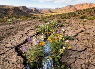 Wildflowers growing through cracks in dry desert soil with mountains in background