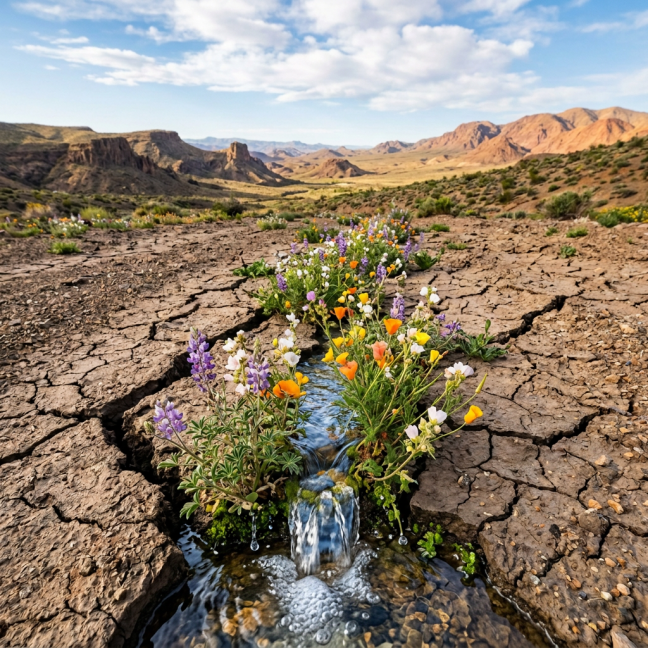 Wildflowers growing through cracks in dry desert soil with mountains in background