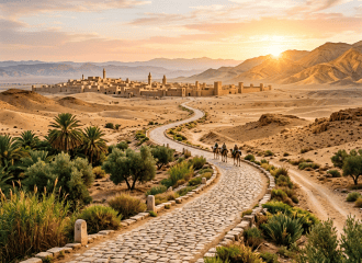 Three riders on camels traveling a winding cobblestone road through desert landscape toward historic fortress near mountains at sunset