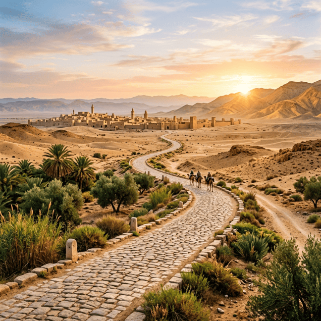Three riders on camels traveling a winding cobblestone road through desert landscape toward historic fortress near mountains at sunset