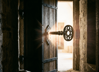 Wooden door partially open with an ornate iron key glowing in the lock