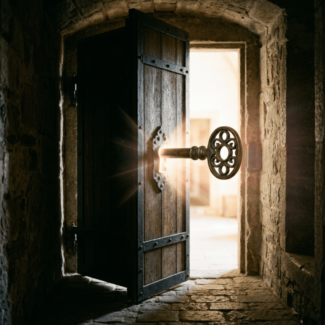 Wooden door partially open with an ornate iron key glowing in the lock