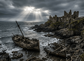 Two shipwrecked wooden boats on rocky coast near medieval castle ruins under cloudy sky with sunrays