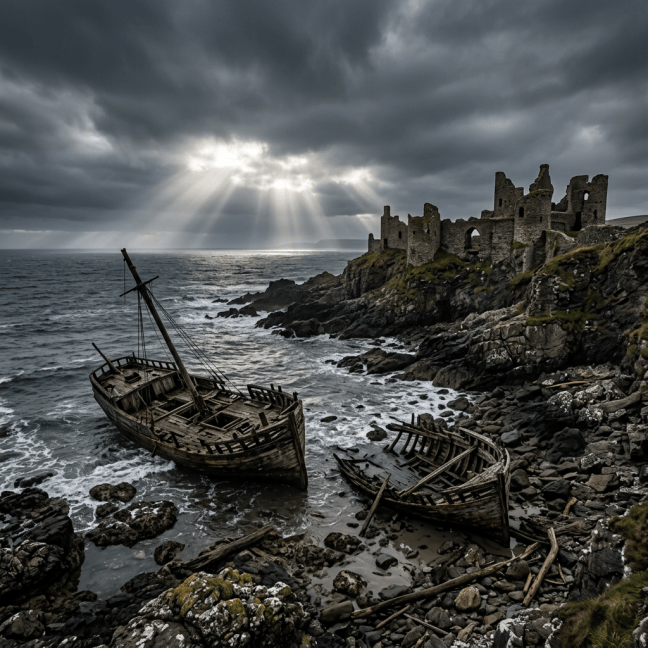Two shipwrecked wooden boats on rocky coast near medieval castle ruins under cloudy sky with sunrays