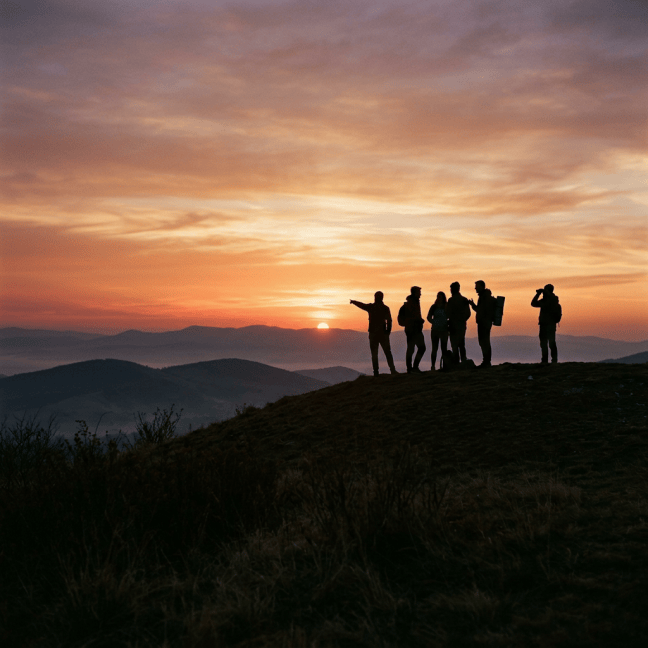 Silhouetted group of people standing on a hilltop watching sunset over distant hills