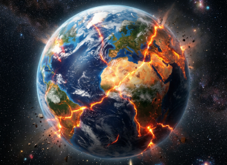Earth with bright glowing cracks showing tectonic plate boundaries and ruptures.