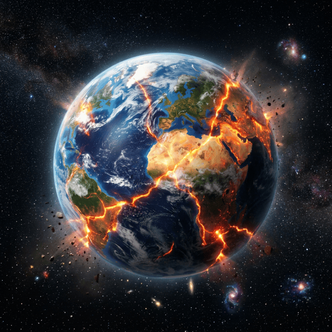 Earth with bright glowing cracks showing tectonic plate boundaries and ruptures.