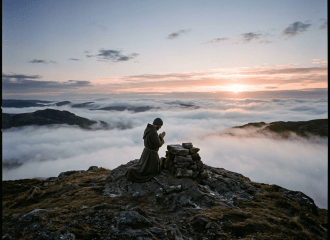 Person in a cloak kneeling and praying on a rocky peak above a sea of clouds at sunrise