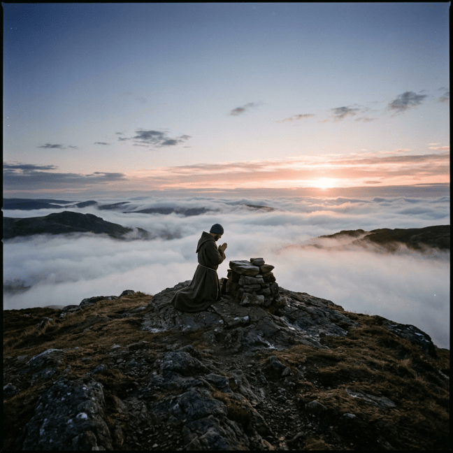 Person in a cloak kneeling and praying on a rocky peak above a sea of clouds at sunrise