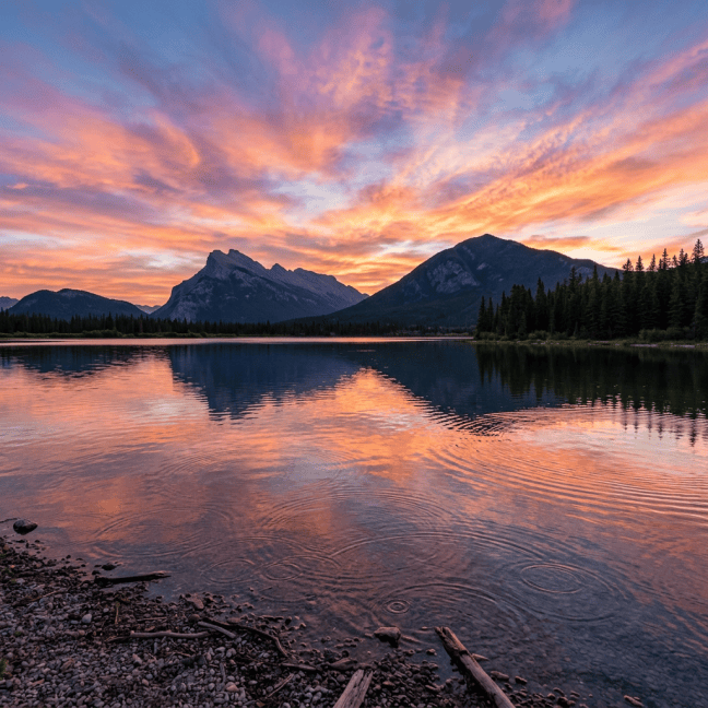 Sunset sky reflecting on calm lake with mountain silhouettes and pine forest