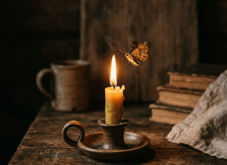 Moth hovering beside a lit candle on a rustic wooden table