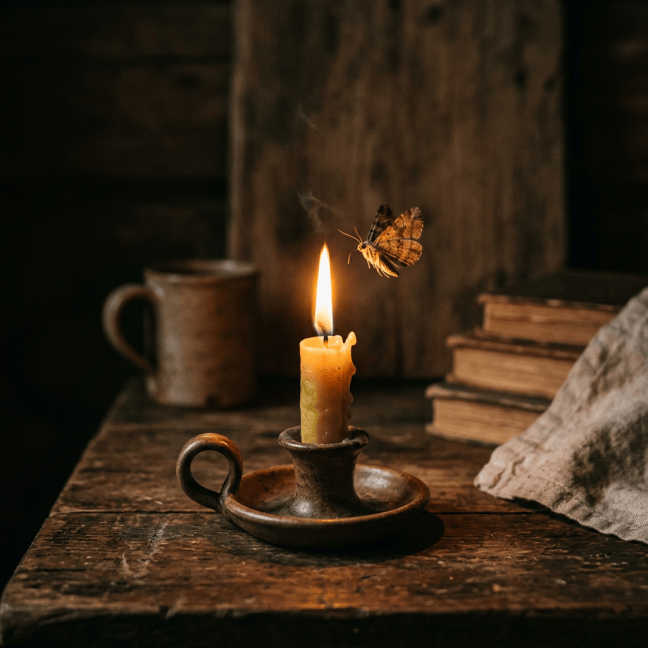 Moth hovering beside a lit candle on a rustic wooden table
