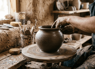 Potter shaping a clay vessel on a spinning wheel